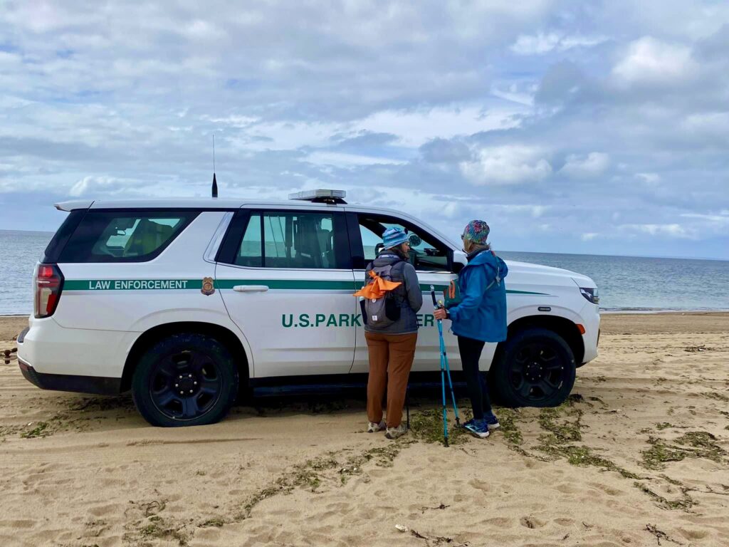 Nordic walkers talking with US Park Police